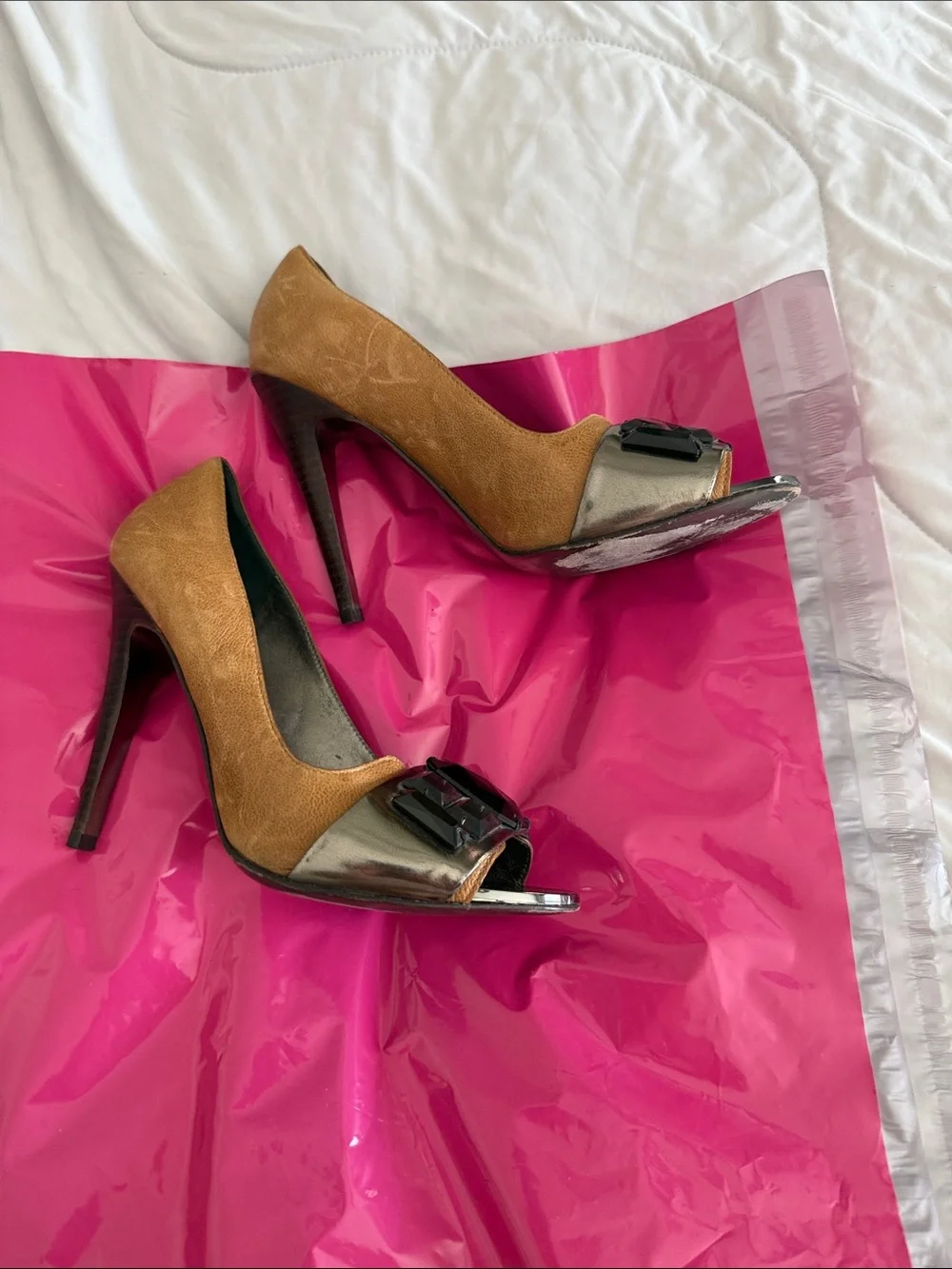 Tory Burch Brown Leather Peep-Toe Heels with Black Faceted Gems